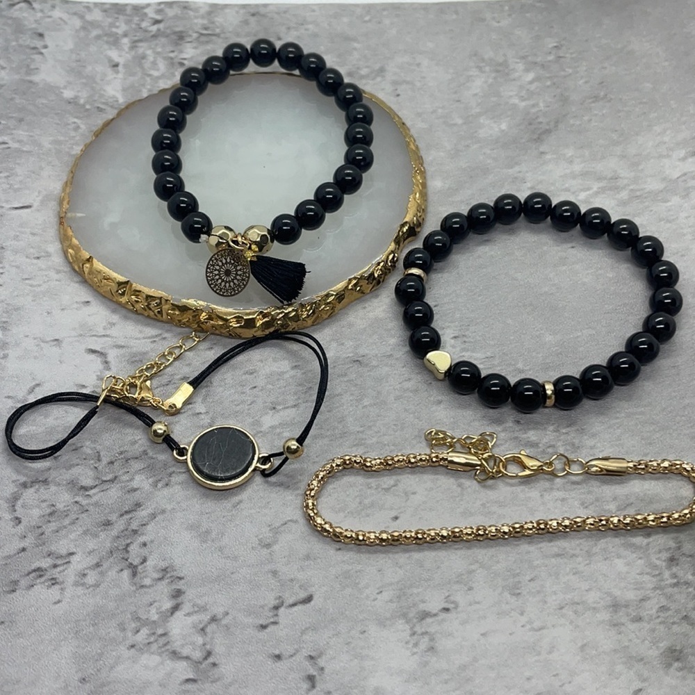 Boho Chic Black Marble Beaded Layering Bracelet Set - Picture 8 of 13